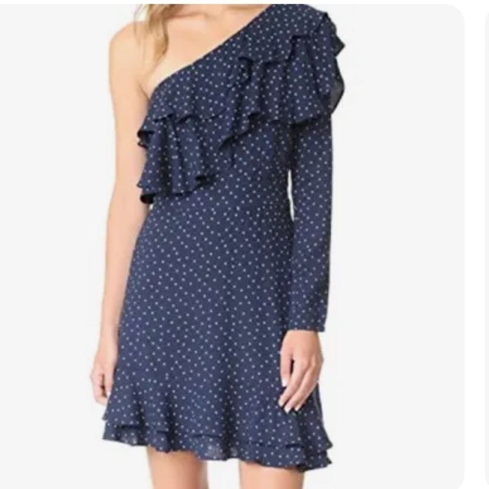 WAYF one shoulder ruffle‎ blue white polka dot mini dress M